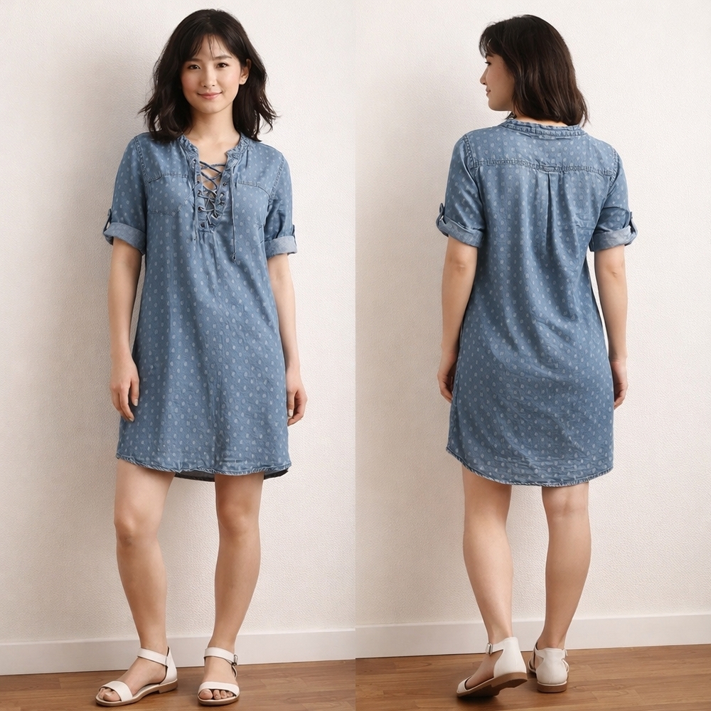 Philosophy Chambray Tencel Lace-Up Tunic Dress Blue Short Sleeve Size M